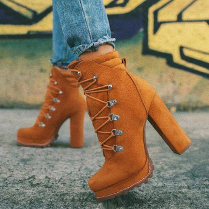 Step Up Your Style with Round Toe Lace-Up Heeled Boots | Marvis - Marvis