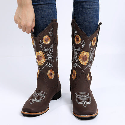 Sunflower Embroidery Low Heel Cowboy Boots – Western Chic | Marvis - Marvis