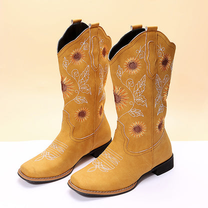 Sunflower Embroidery Low Heel Cowboy Boots – Western Chic | Marvis - Marvis