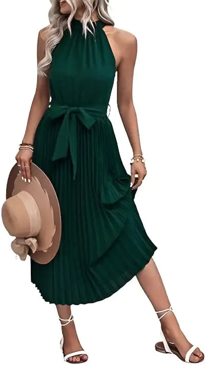 Summer Elegance: Sleeveless Halter Neck Pleated Midi Dress | Marvis - Marvis