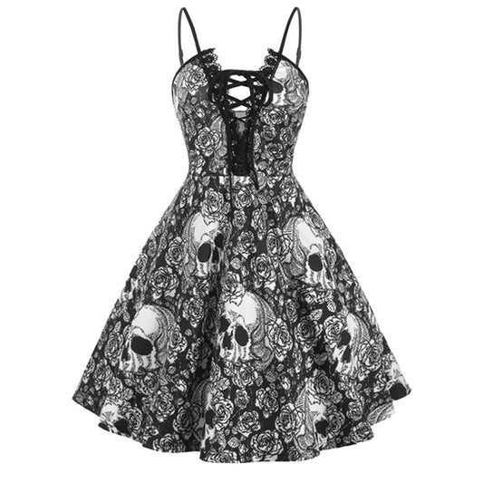 Spooky Chic: Skull Print Sling Strap Retro Dress for Halloween | Marvis - Marvis