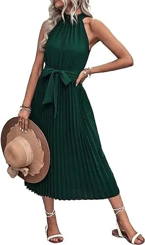 Summer Elegance: Sleeveless Halter Neck Pleated Midi Dress | Marvis - Marvis