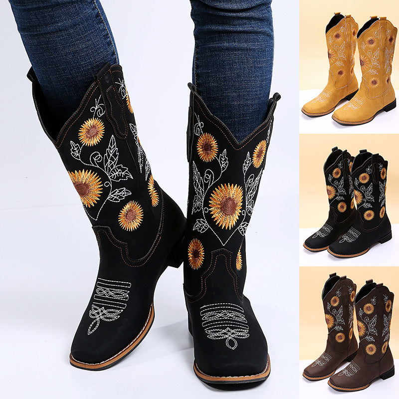 Sunflower Embroidery Low Heel Cowboy Boots – Western Chic | Marvis - Marvis