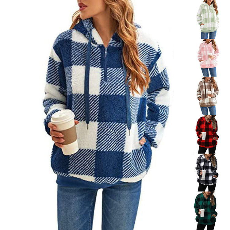 Stay Cozy in Style: Plaid Hooded Plush Sweatshirt with Pockets | Marvis - Marvis