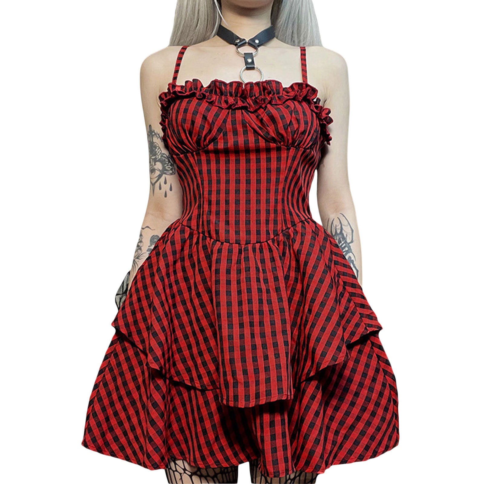 Dark Plaid Halloween Lace Puff Dress – Spooky Chic Style | Marvis - Marvis