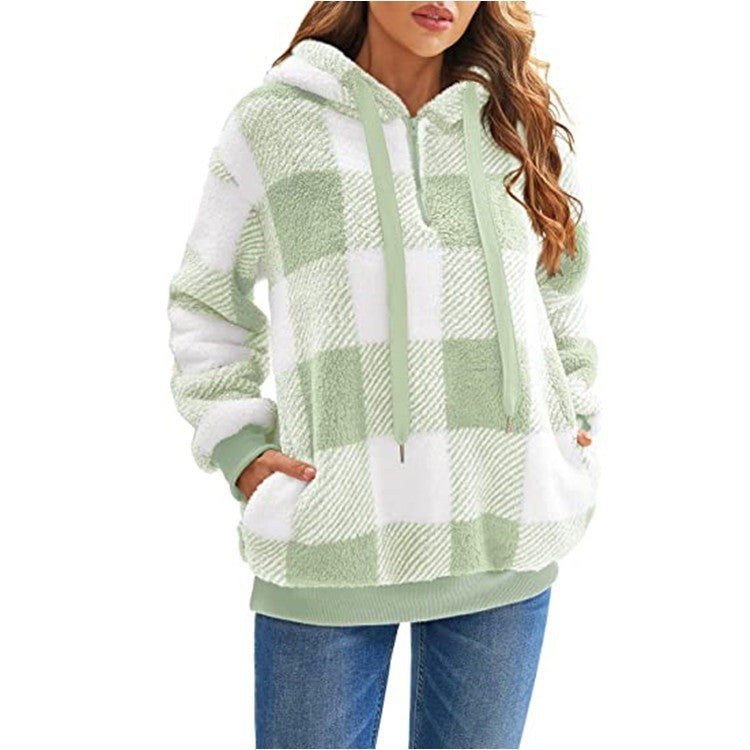 Stay Cozy in Style: Plaid Hooded Plush Sweatshirt with Pockets | Marvis - Marvis