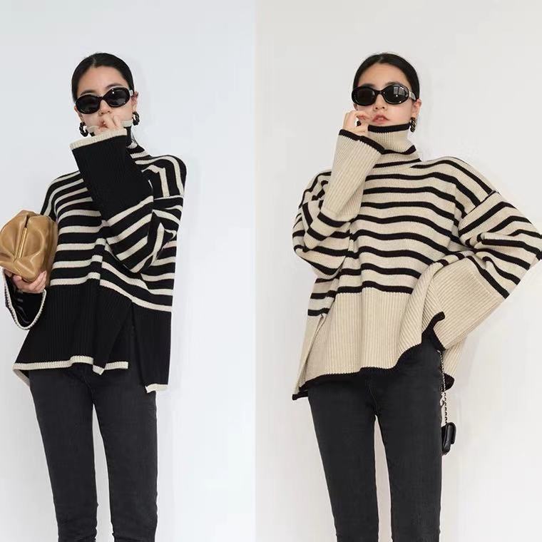 Cozy Up in Style: Striped Turtleneck Sweater with Slit Design | Marvis - Marvis