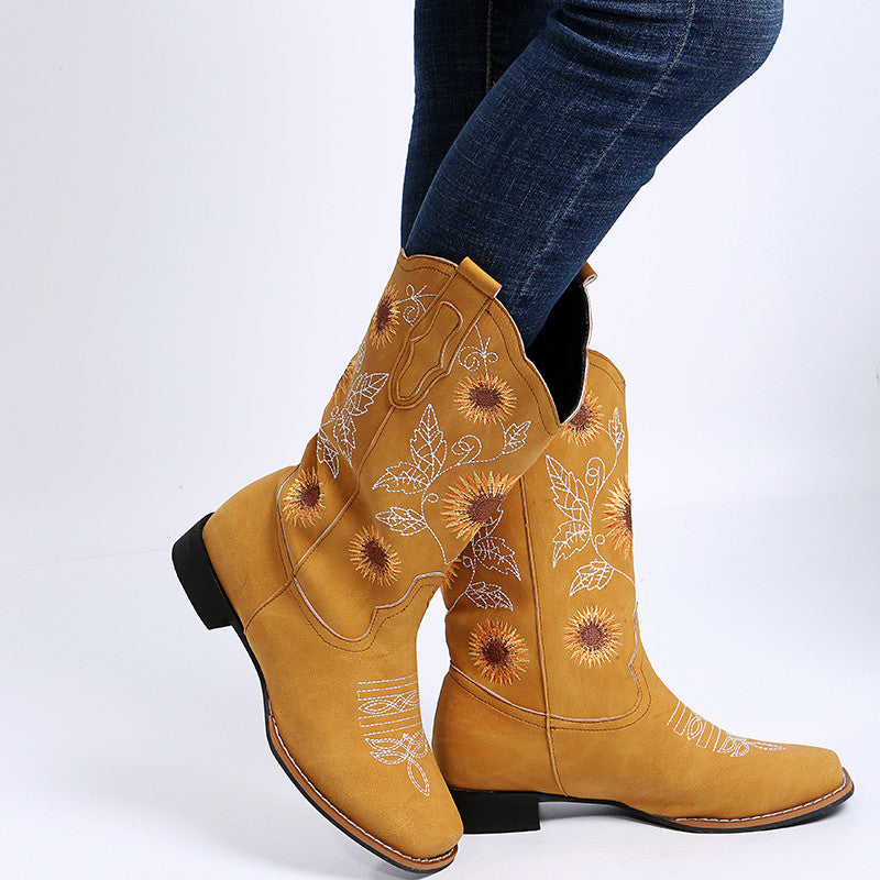 Sunflower Embroidery Low Heel Cowboy Boots – Western Chic | Marvis - Marvis