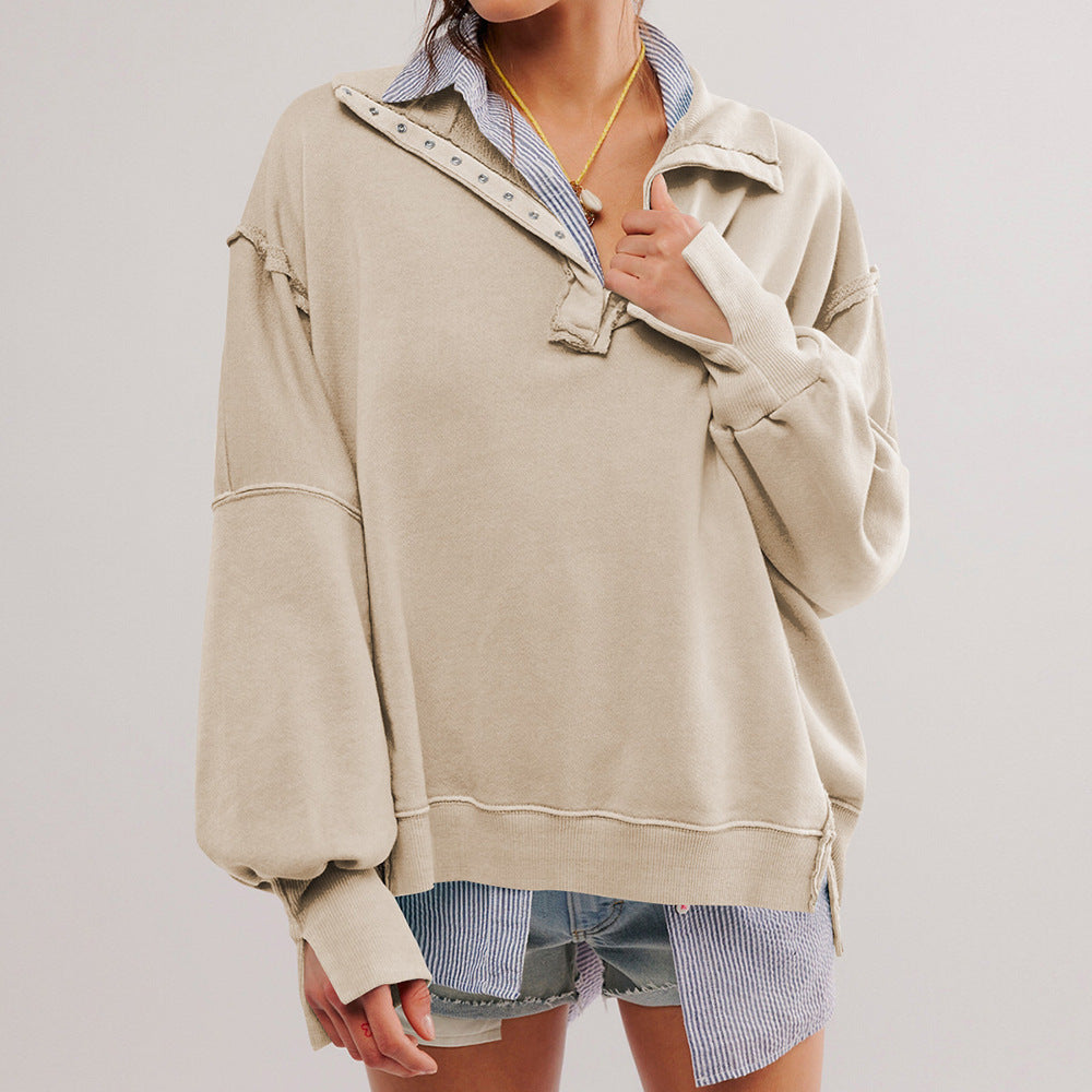 Sporty Chic: Button Lapel Lantern Sleeve Sweatshirt | Marvis - Marvis