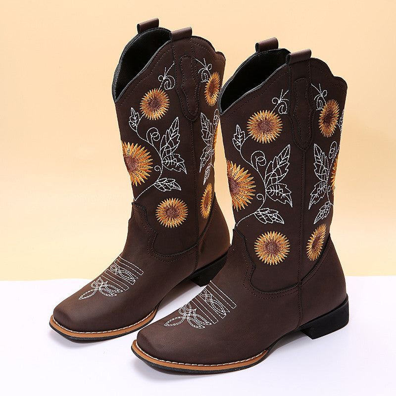 Sunflower Embroidery Low Heel Cowboy Boots – Western Chic | Marvis - Marvis