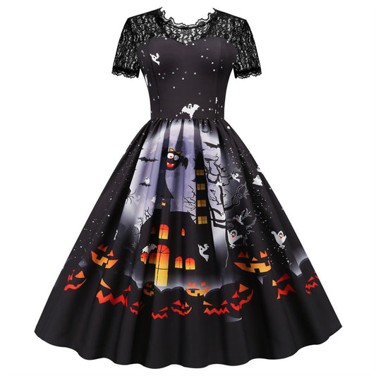 Whimsical Halloween Lace Patchwork Swing Dress for Effortless Glam | Marvis - Marvis