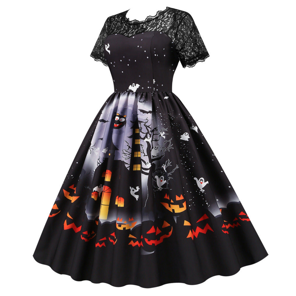 Whimsical Halloween Lace Patchwork Swing Dress for Effortless Glam | Marvis - Marvis