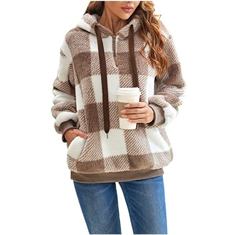 Stay Cozy in Style: Plaid Hooded Plush Sweatshirt with Pockets | Marvis - Marvis