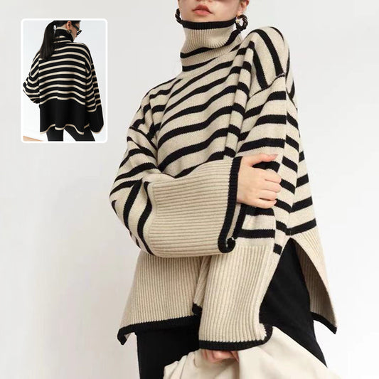 Cozy Up in Style: Striped Turtleneck Sweater with Slit Design | Marvis - Marvis