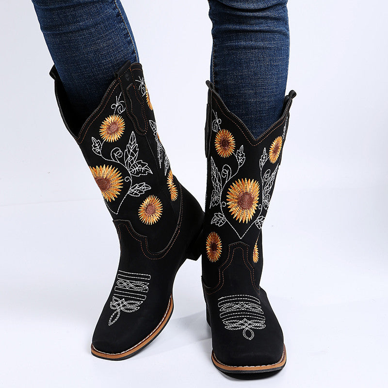 Sunflower Embroidery Low Heel Cowboy Boots – Western Chic | Marvis - Marvis