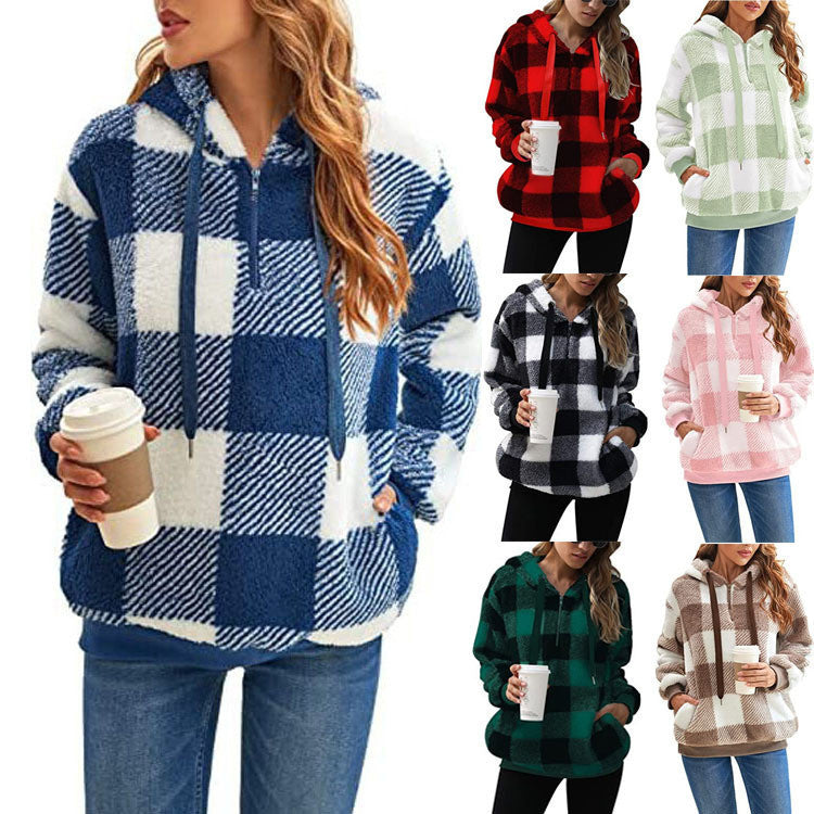 Stay Cozy in Style: Plaid Hooded Plush Sweatshirt with Pockets | Marvis - Marvis