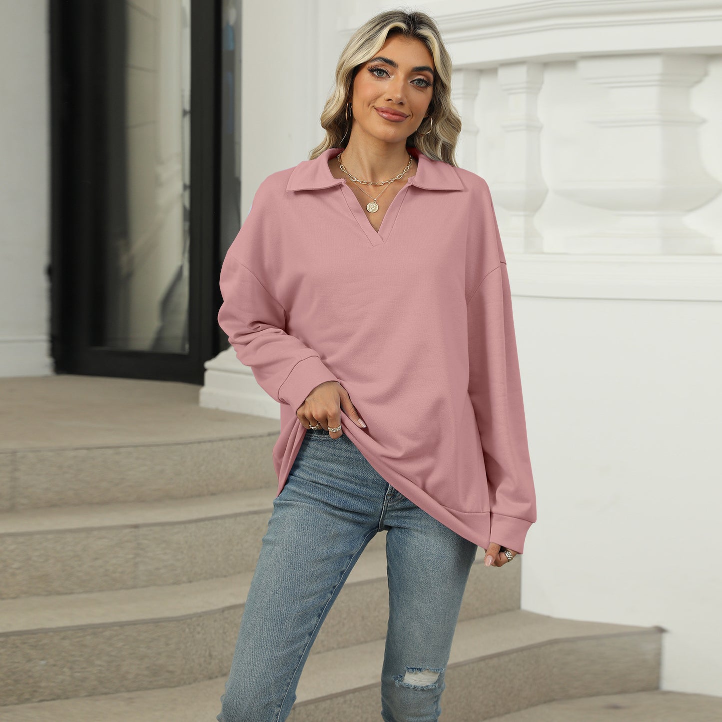 Effortless Elegance: Lapel V-Neck Casual Sweatshirt | Marvis - Marvis