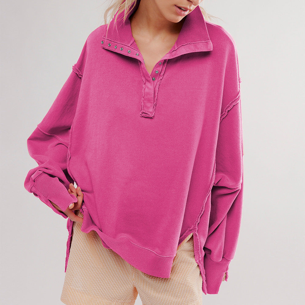 Sporty Chic: Button Lapel Lantern Sleeve Sweatshirt | Marvis - Marvis