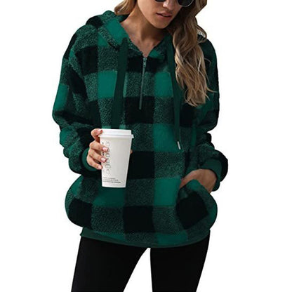 Stay Cozy in Style: Plaid Hooded Plush Sweatshirt with Pockets | Marvis - Marvis