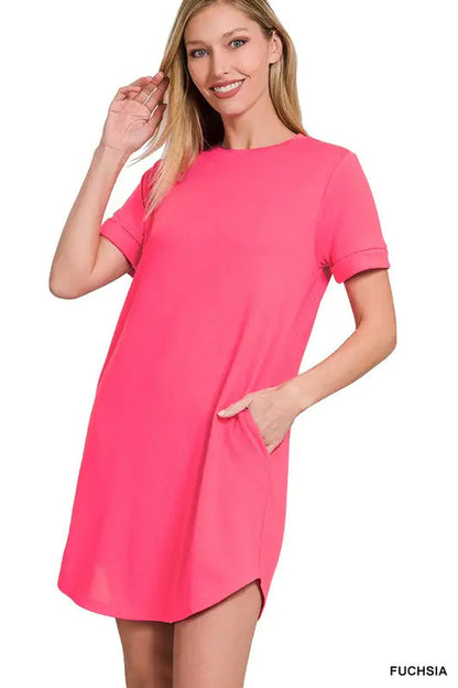 Effortless Chic: Rolled Short Sleeve Round Neck Dress | Marvis - Marvis