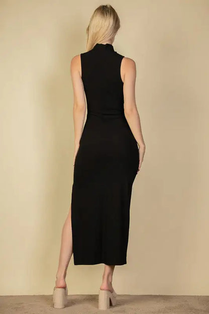 Effortless Elegance: Ribbed Mock Neck Slit Bodycon Dress | Marvis - Marvis