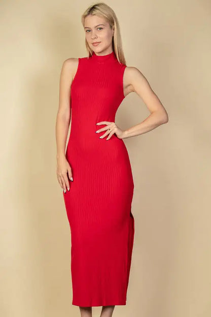 Effortless Elegance: Ribbed Mock Neck Slit Bodycon Dress | Marvis - Marvis