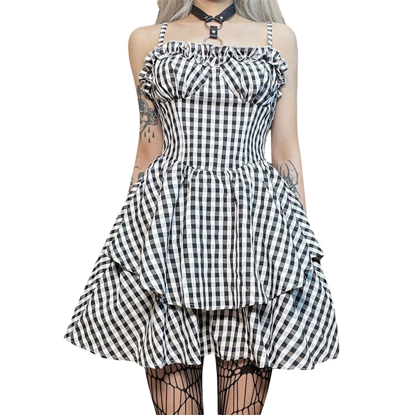 Dark Plaid Halloween Lace Puff Dress – Spooky Chic Style | Marvis - Marvis