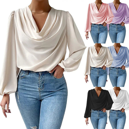 Breeze Through Your Day: Chiffon V-Neck Long-Sleeved Top | Marvis - Marvis