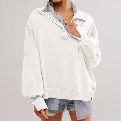 Sporty Chic: Button Lapel Lantern Sleeve Sweatshirt | Marvis - Marvis