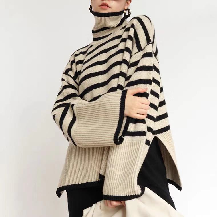 Cozy Up in Style: Striped Turtleneck Sweater with Slit Design | Marvis - Marvis