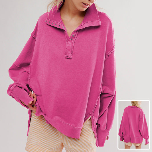 Sporty Chic: Button Lapel Lantern Sleeve Sweatshirt | Marvis - Marvis