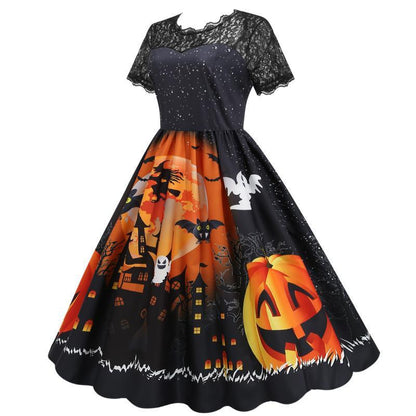 Whimsical Halloween Lace Patchwork Swing Dress for Effortless Glam | Marvis - Marvis