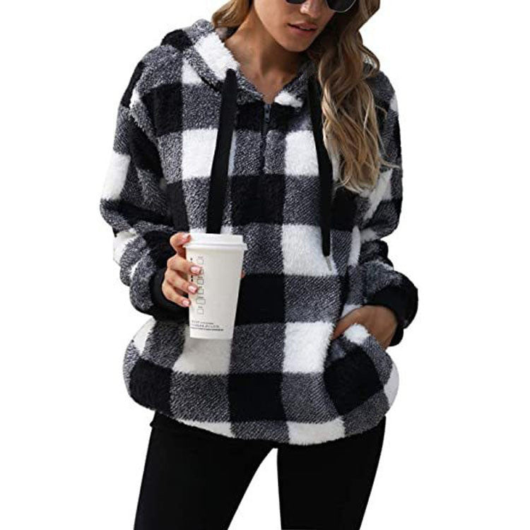 Stay Cozy in Style: Plaid Hooded Plush Sweatshirt with Pockets | Marvis - Marvis