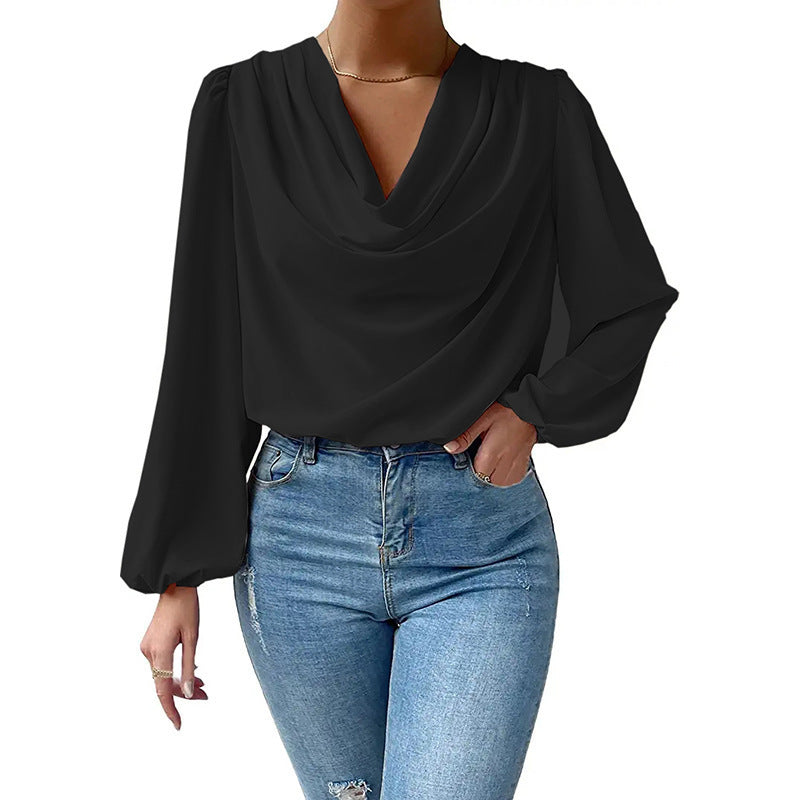 Breeze Through Your Day: Chiffon V-Neck Long-Sleeved Top | Marvis - Marvis