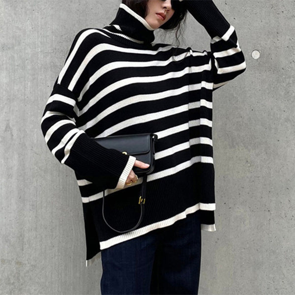 Cozy Up in Style: Striped Turtleneck Sweater with Slit Design | Marvis - Marvis