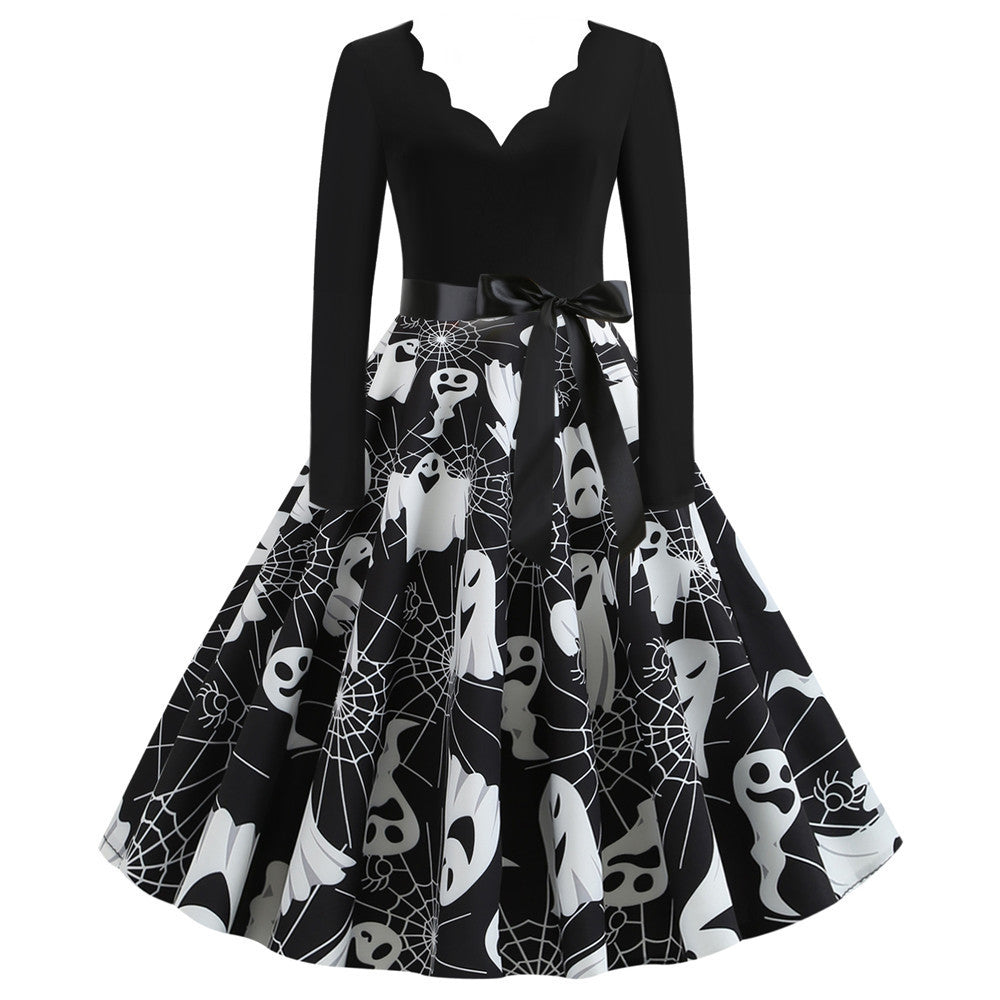 Burnt Flower V-Neck Swing Dress – Hauntingly Chic Halloween Look | Marvis - Marvis