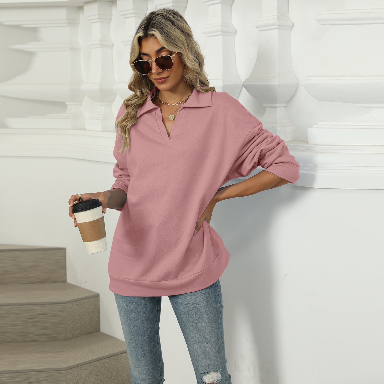 Effortless Elegance: Lapel V-Neck Casual Sweatshirt | Marvis - Marvis