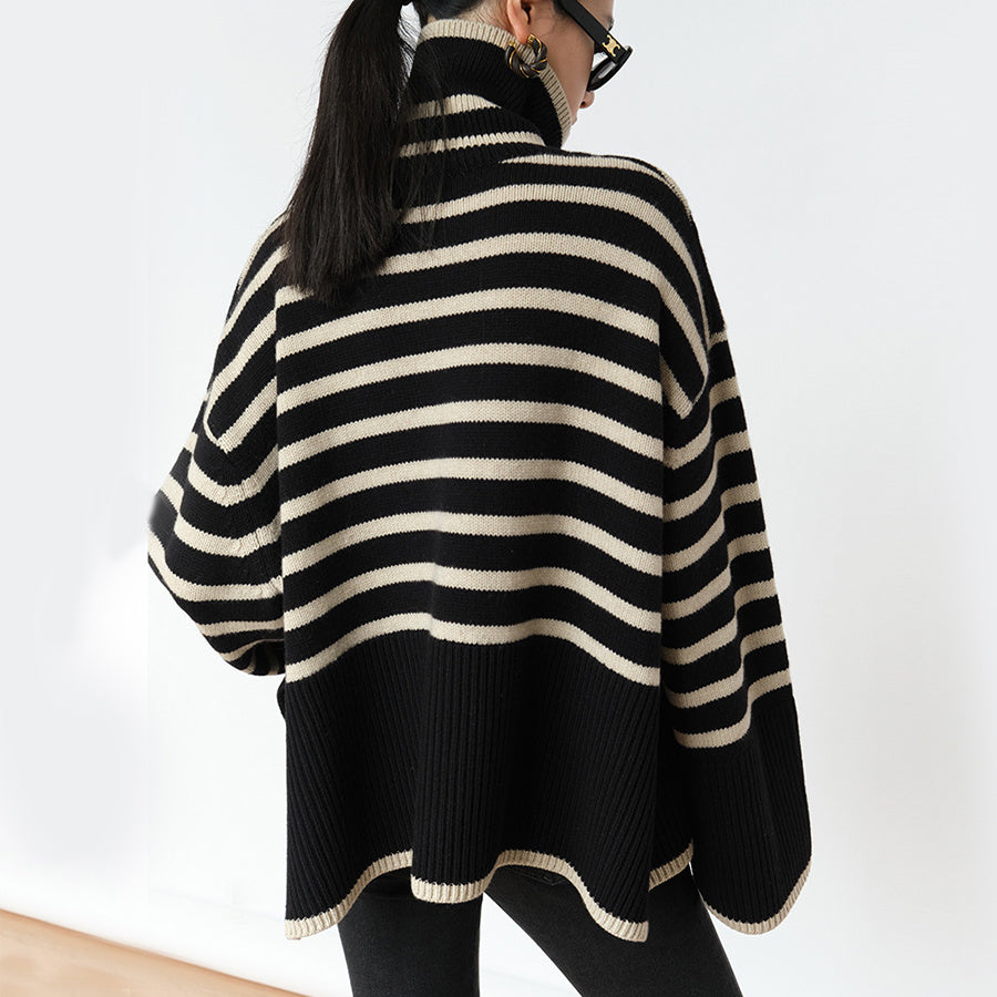 Cozy Up in Style: Striped Turtleneck Sweater with Slit Design | Marvis - Marvis