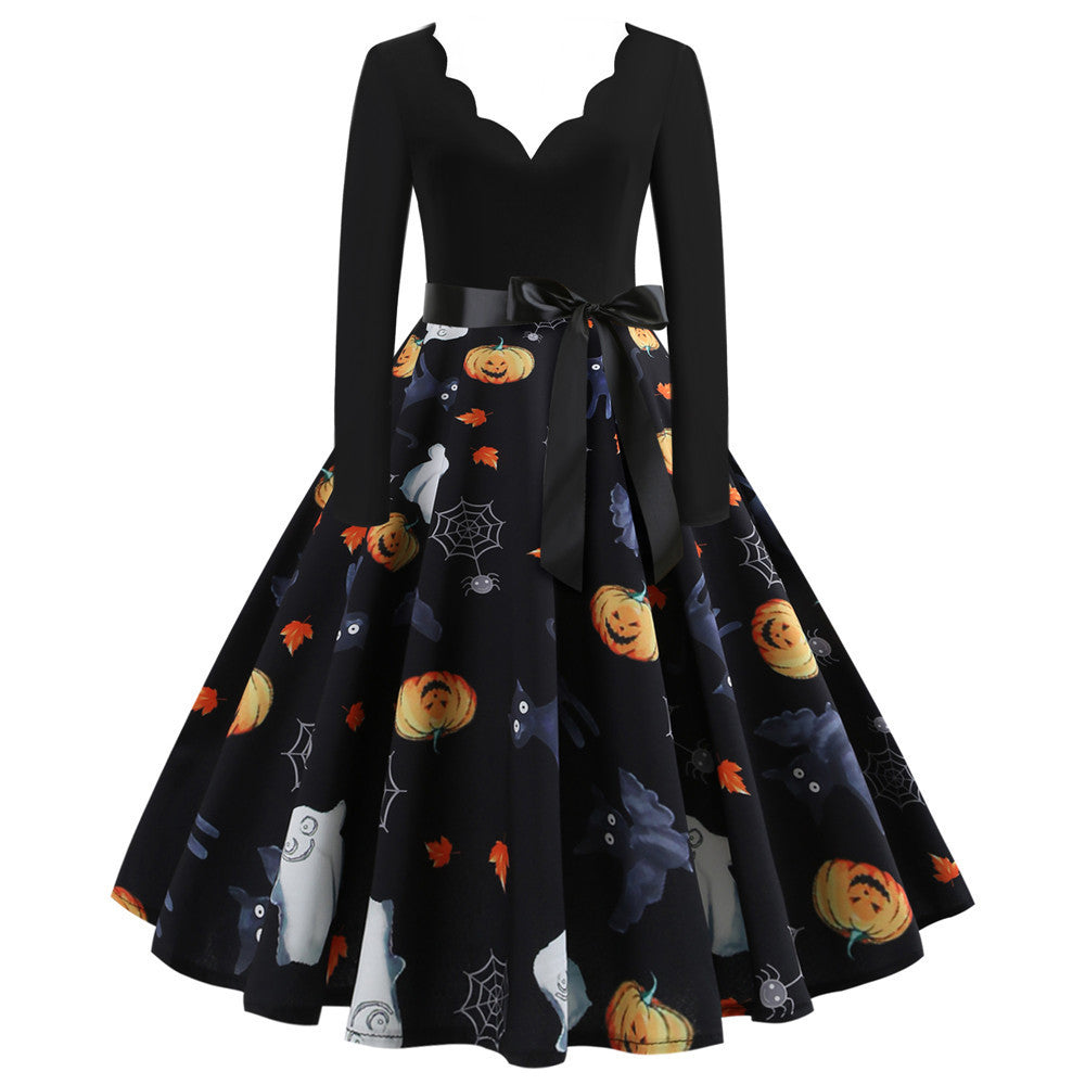 Burnt Flower V-Neck Swing Dress – Hauntingly Chic Halloween Look | Marvis - Marvis