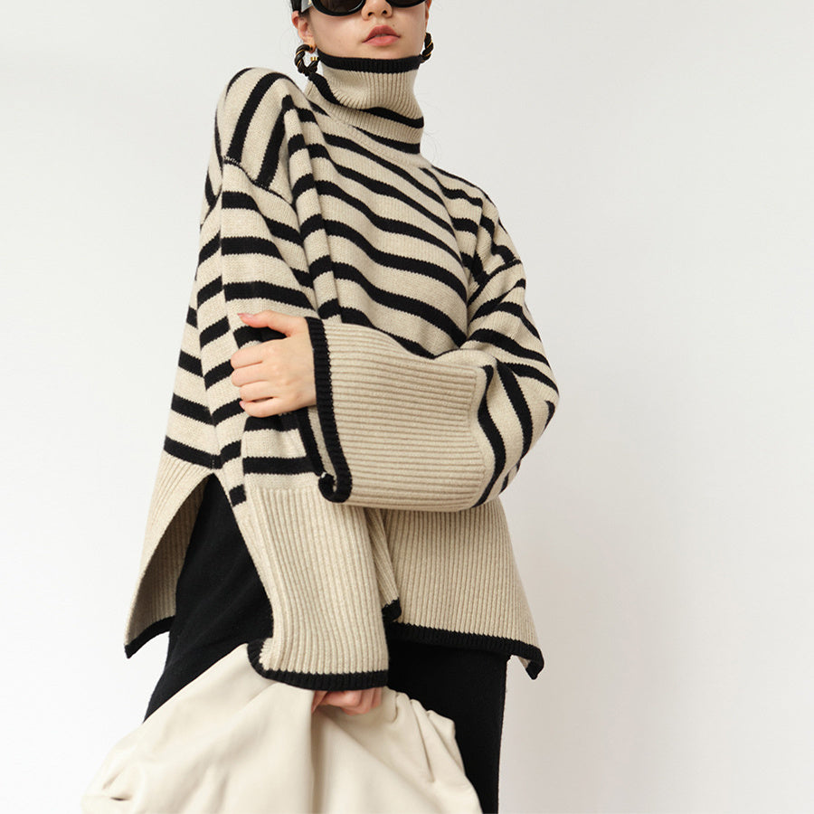 Cozy Up in Style: Striped Turtleneck Sweater with Slit Design | Marvis - Marvis