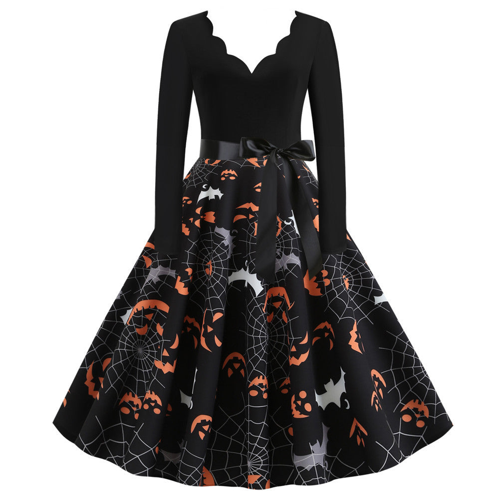 Burnt Flower V-Neck Swing Dress – Hauntingly Chic Halloween Look | Marvis - Marvis