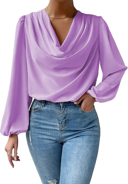 Breeze Through Your Day: Chiffon V-Neck Long-Sleeved Top | Marvis - Marvis