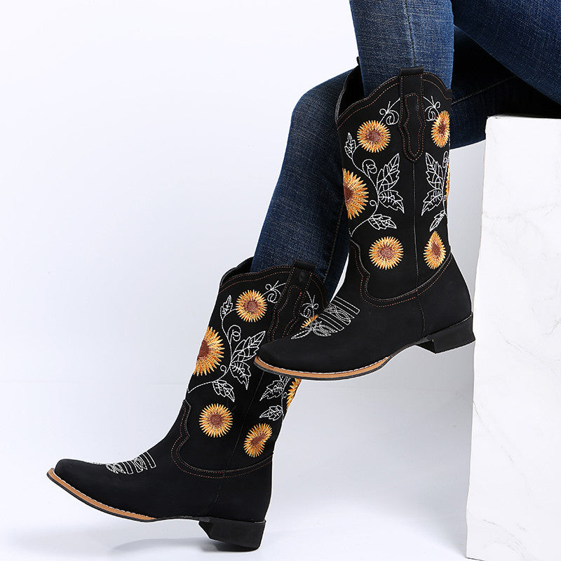 Sunflower Embroidery Low Heel Cowboy Boots – Western Chic | Marvis - Marvis