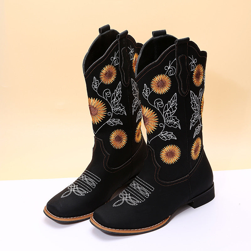 Sunflower Embroidery Low Heel Cowboy Boots – Western Chic | Marvis - Marvis